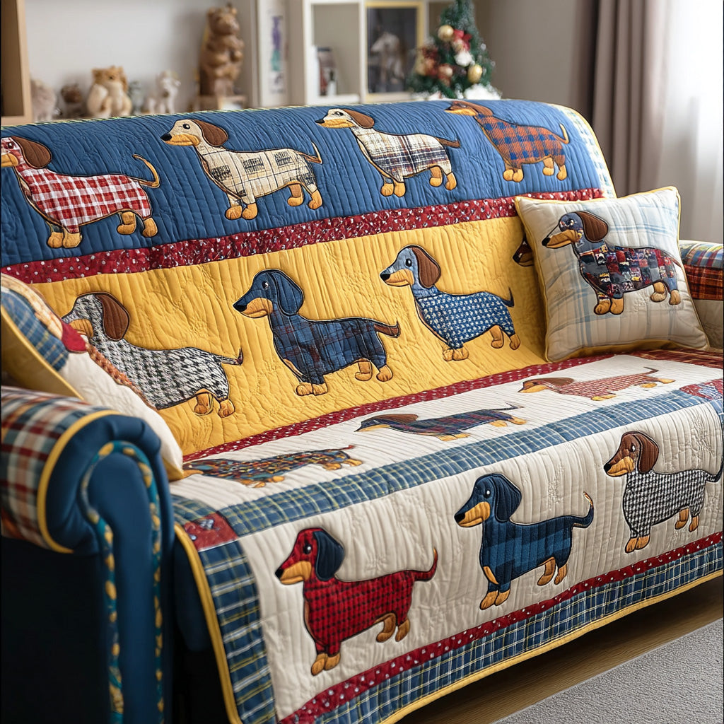 Dachshund Rows quilted sofa cover – rows of dachshunds in coats