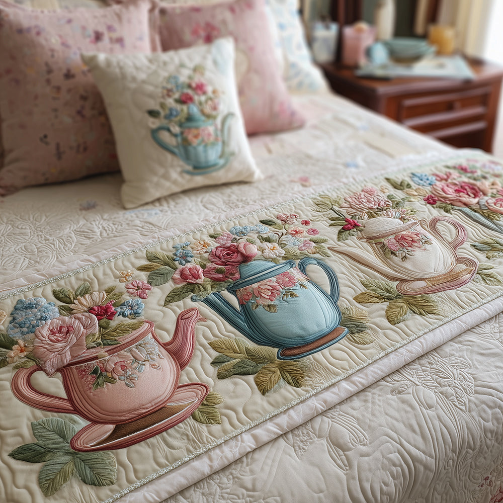 Teapot Garden quilted bed runner – pastel teapots and pink roses