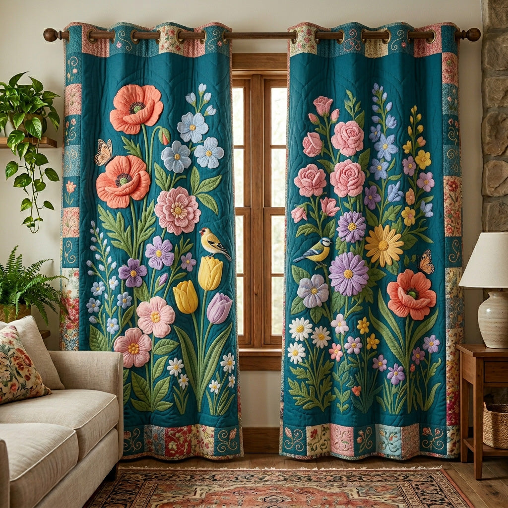 Teal Garden Blossoms quilted curtains – bright flowers on deep teal