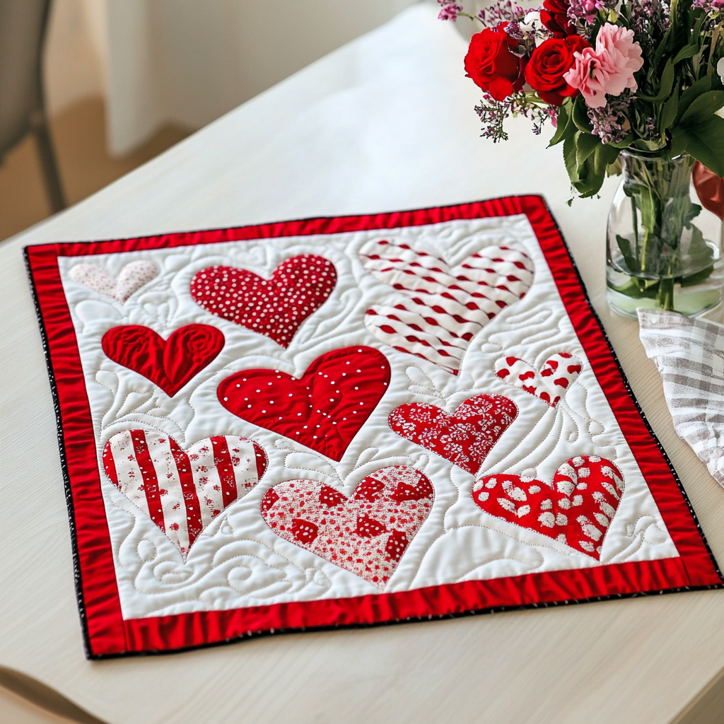 Tender Hearts quilted placemats – patterned hearts