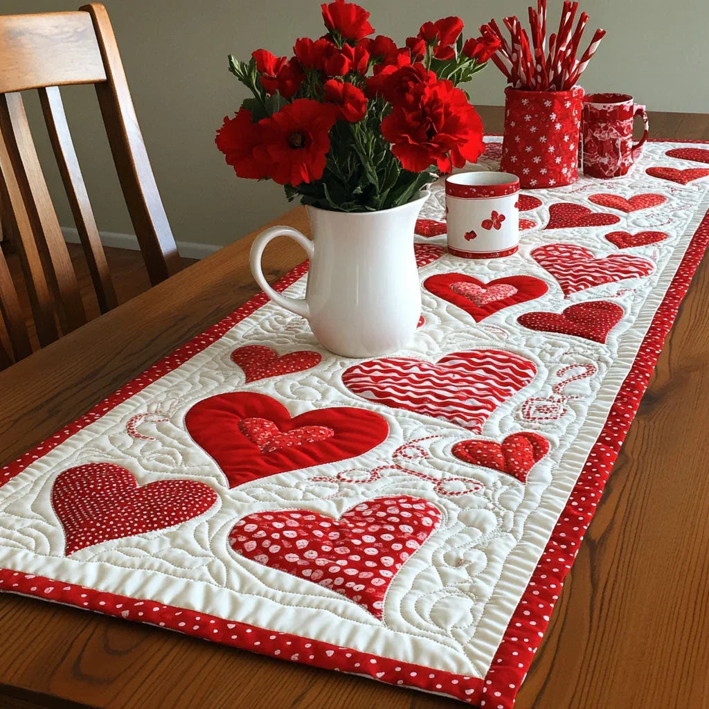 Quilted table runner with simple outlined hearts in warm terracotta and soft grey