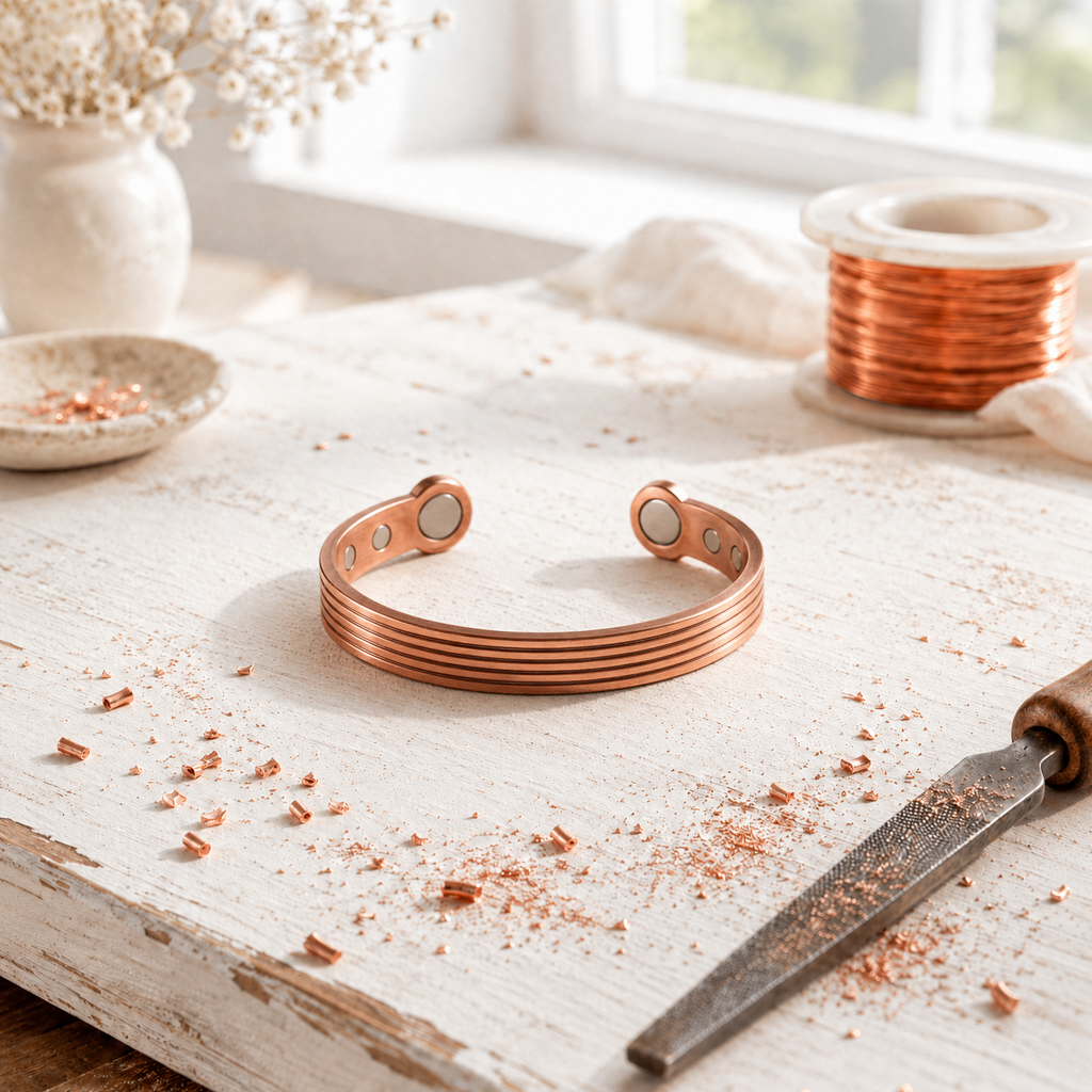 Magnetic copper cuff bracelet with five fine ribs and magnets at each end