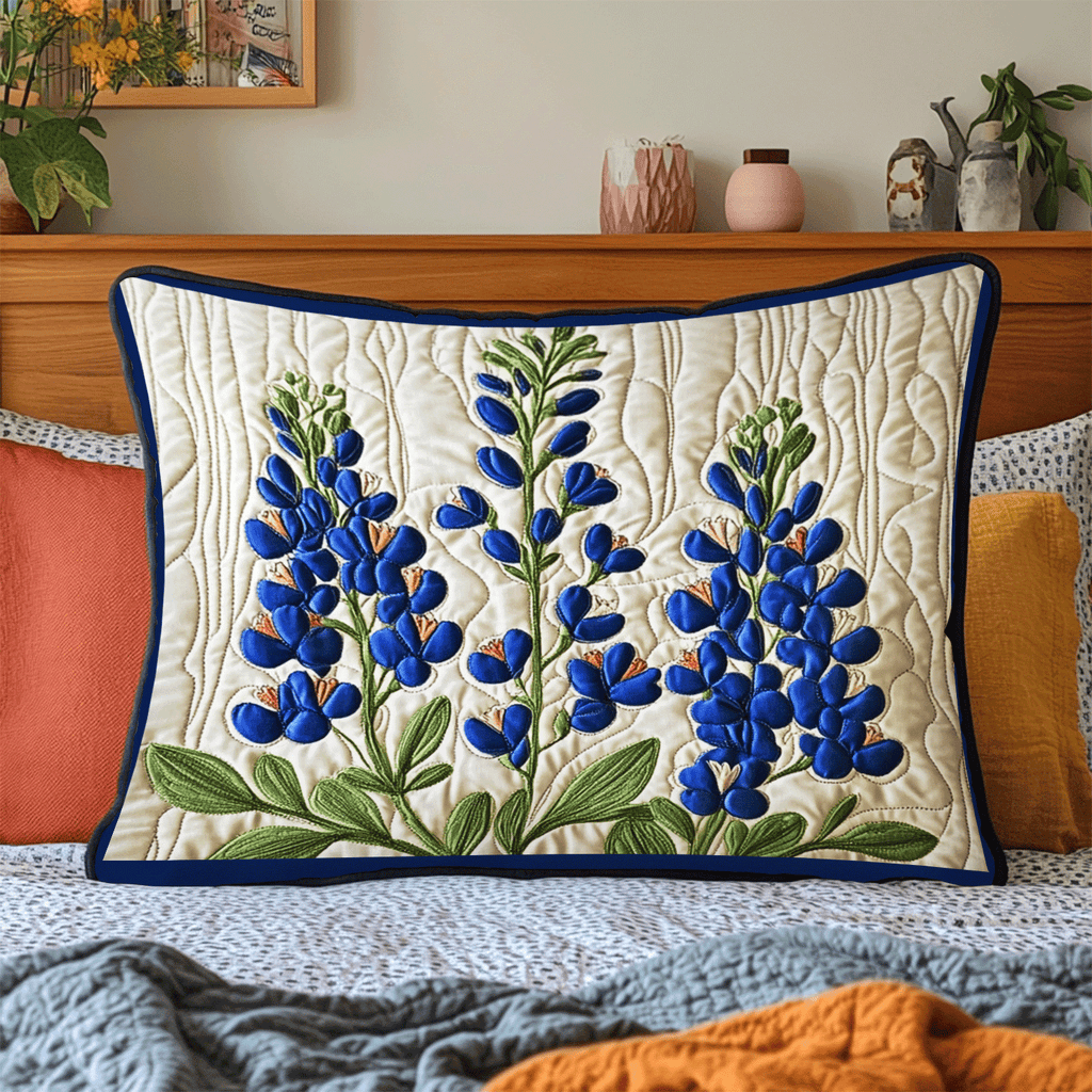 Bluebonnet Bouquet quilted pillowcase – tall bluebonnets on soft cream