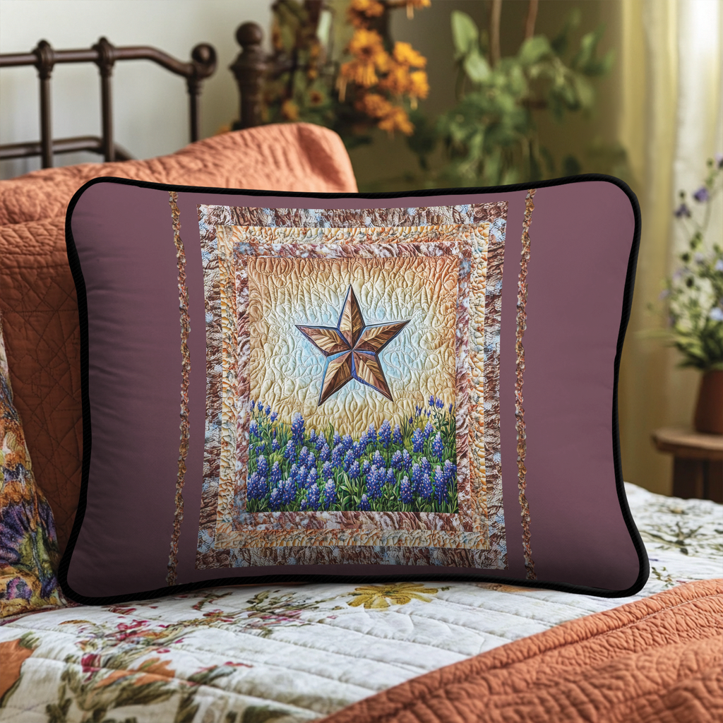 Barn Star and Bluebonnets quilted pillowcase – rustic barn star above bluebonnets