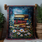 Starry Book Nook woven sofa throw – books among daisies under stars