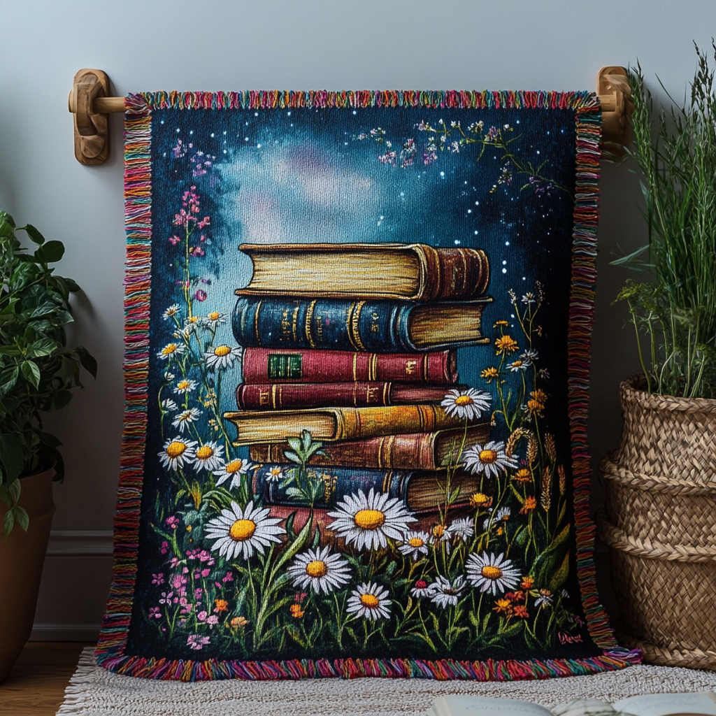 Starry Book Nook woven sofa throw – books among daisies under stars