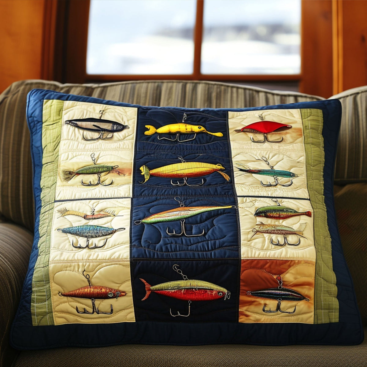 Fishing Lures quilted pillowcase – colourful fishing lures in cream panels