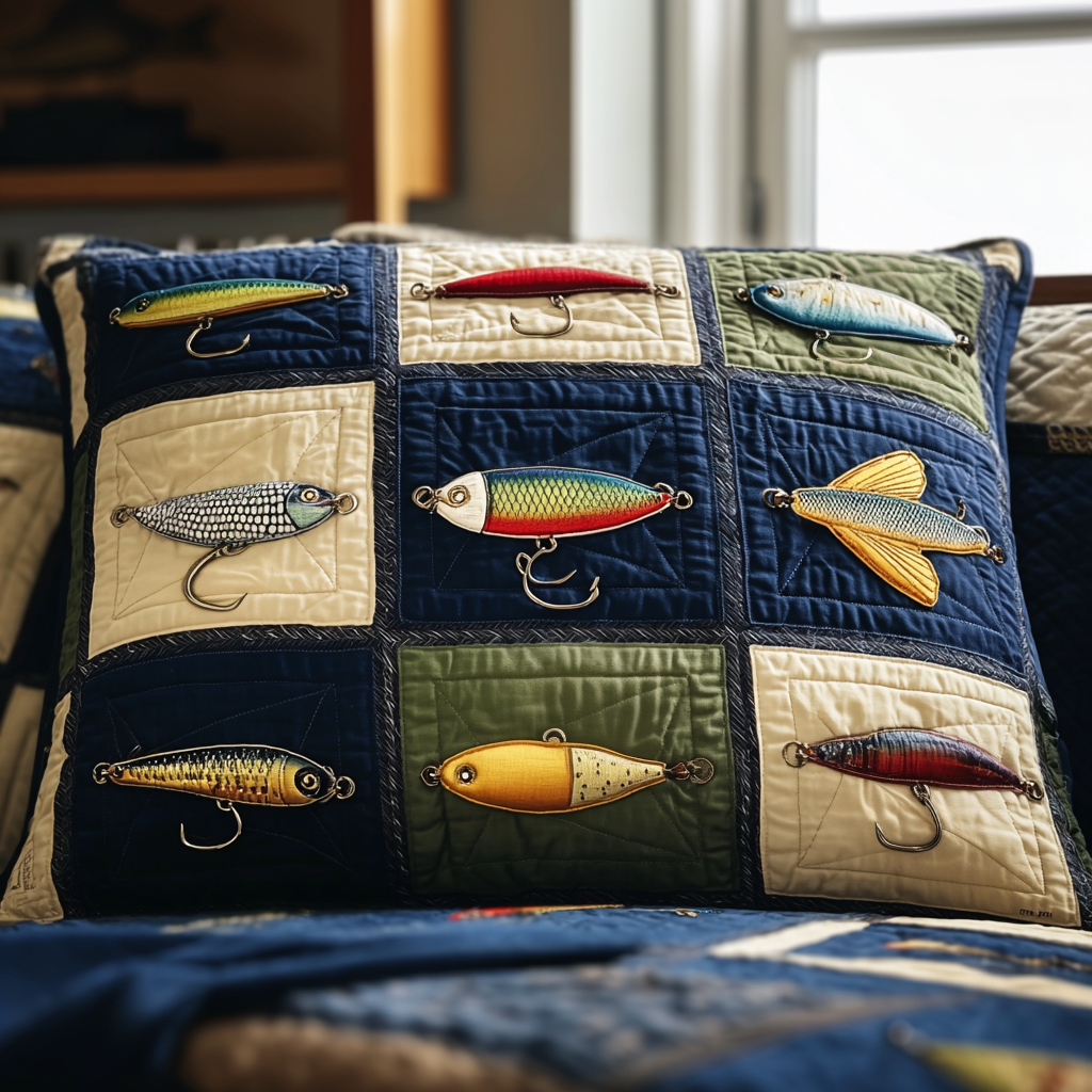 Lure Patchwork quilted pillowcase – fishing lures in patchwork squares