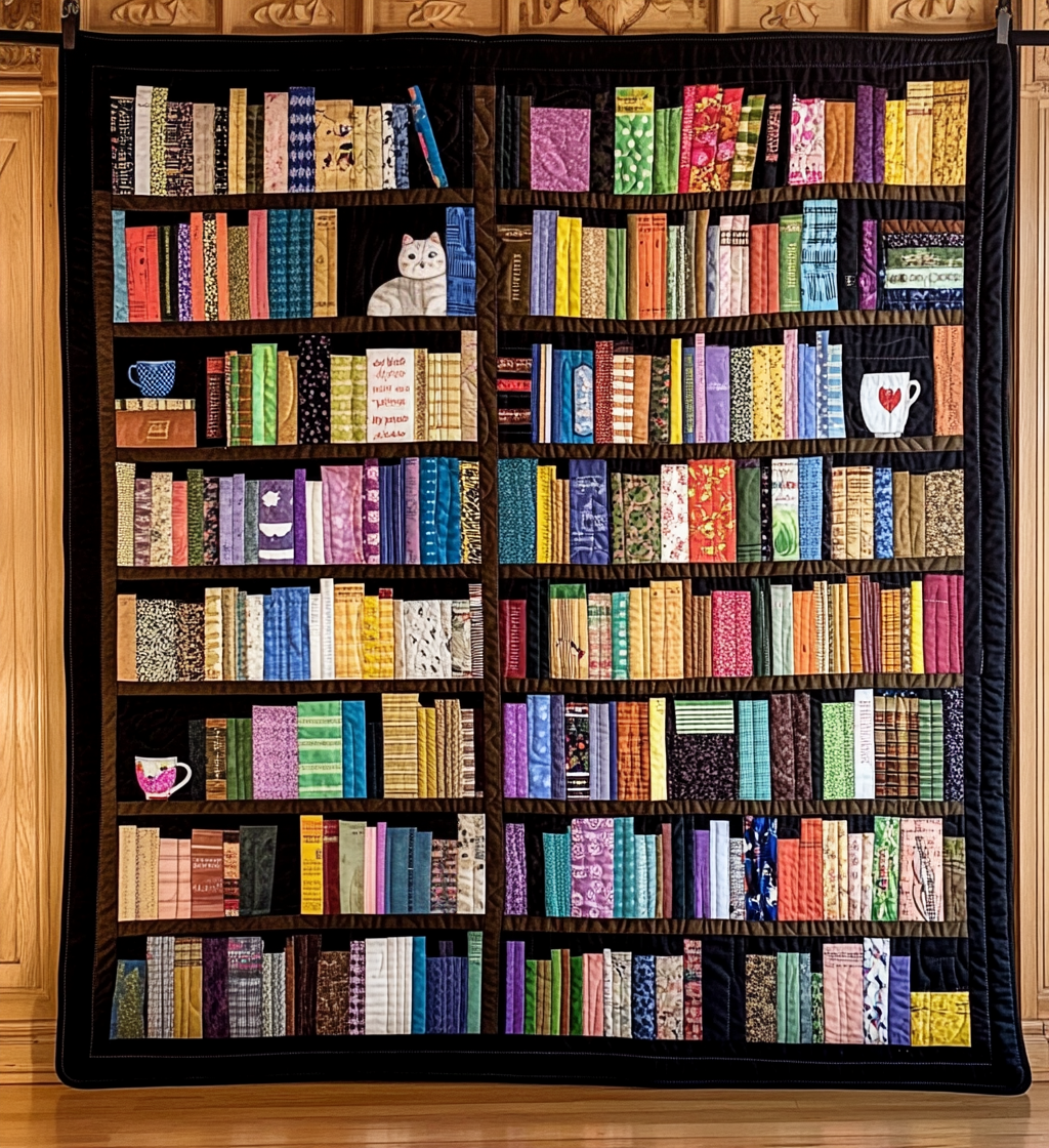Bookshelf Beauty quilted throw – rows of colourful books on dark shelves