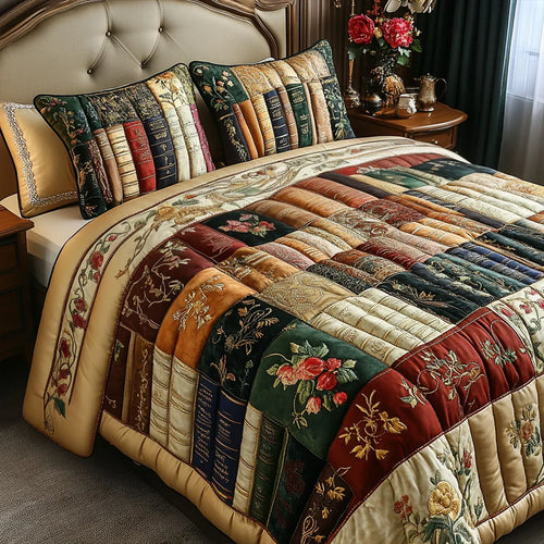 Quilted bedspread set with stacked books, teacups and reading glasses among florals in the Reader's Retreat design