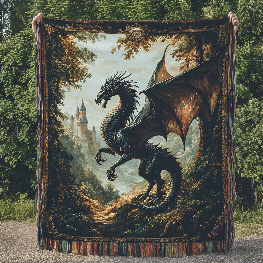 Black Dragon Forest woven sofa throw – black dragon in a green forest