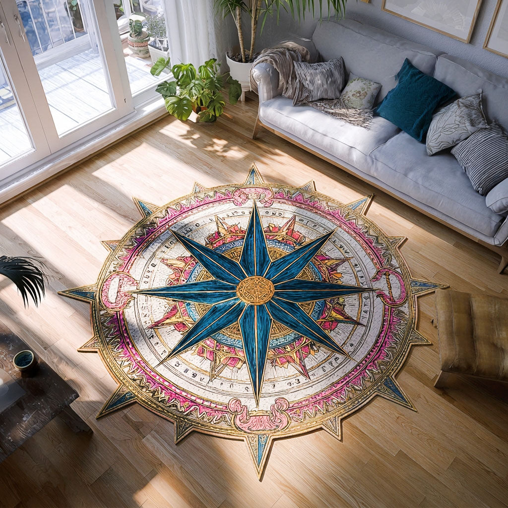 Sun-Drenched Compass shaped rug – compass rose