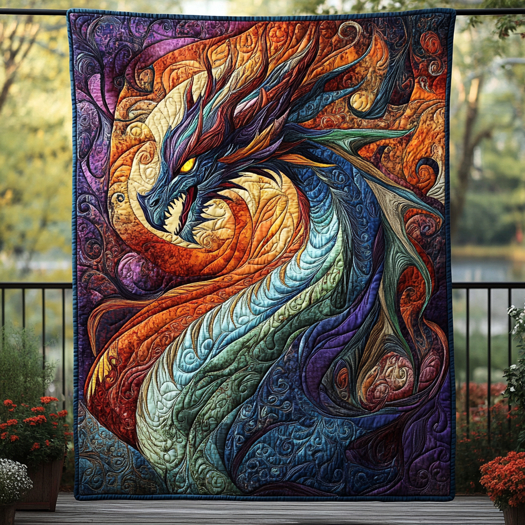 Swirling Fire Dragon quilted throw – dragon in swirling orange and blue