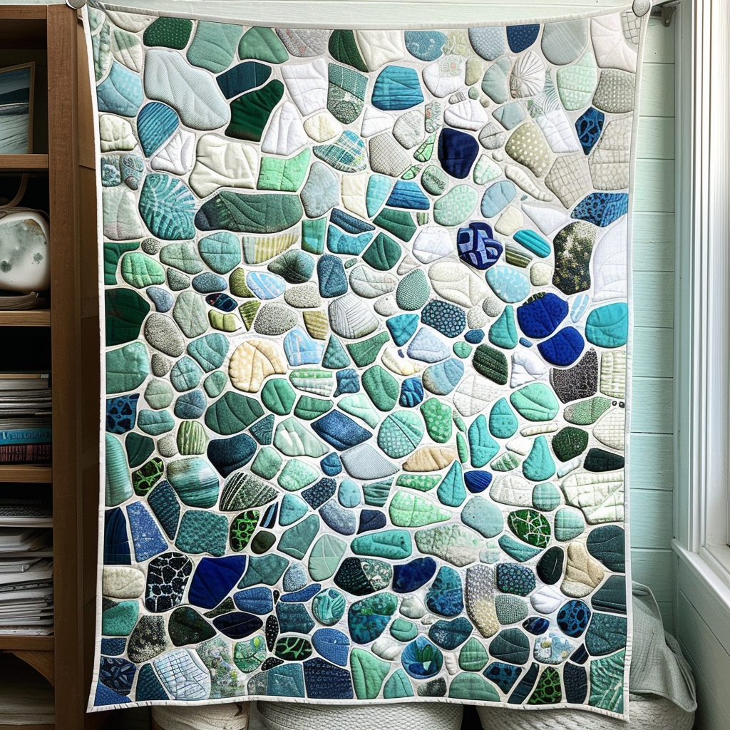Sea Glass Pebbles quilted throw – aqua and green sea glass pebbles