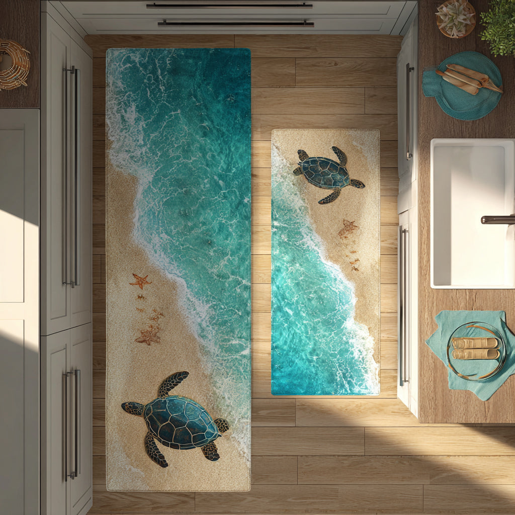 Wave Journey kitchen mat set – turtles on the shoreline