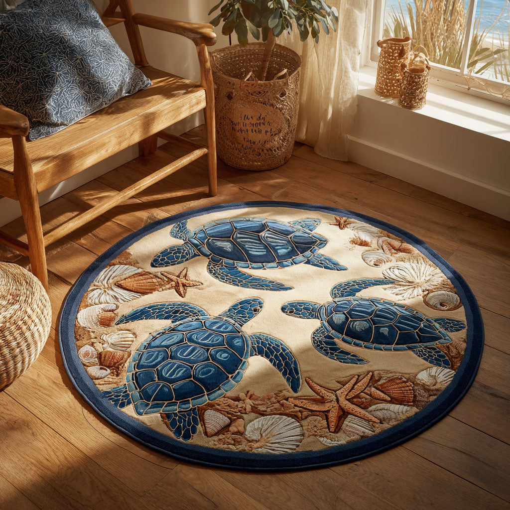 Tide Harmony round rug – turtles and starfish