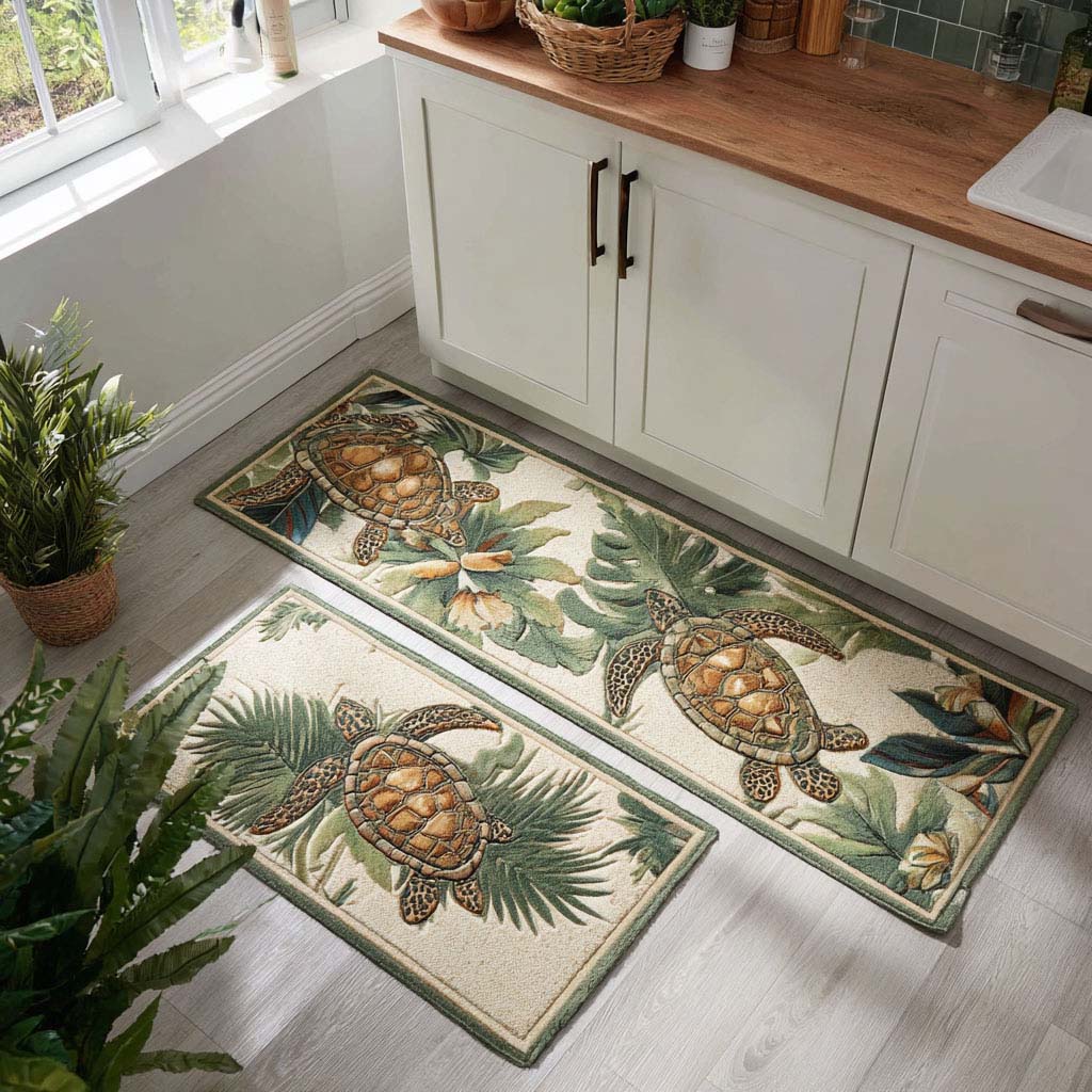 Tiki Trails kitchen mat set – turtles and palm leaves
