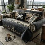 Timberline Haven quilted sofa cover with elk and moose silhouettes on charcoal-navy with green and tan tartan bands