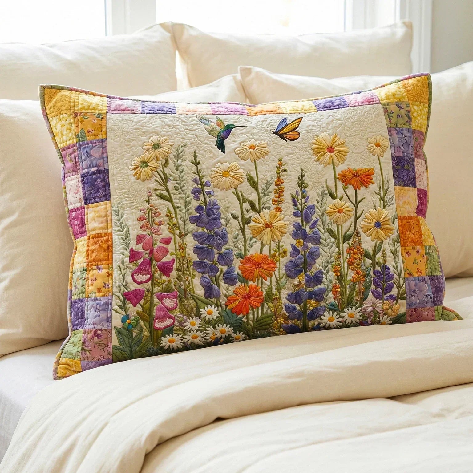 Quilted pillowcase with the Timeless Floral design of traditional garden flowers winding in rose, sage and soft gold