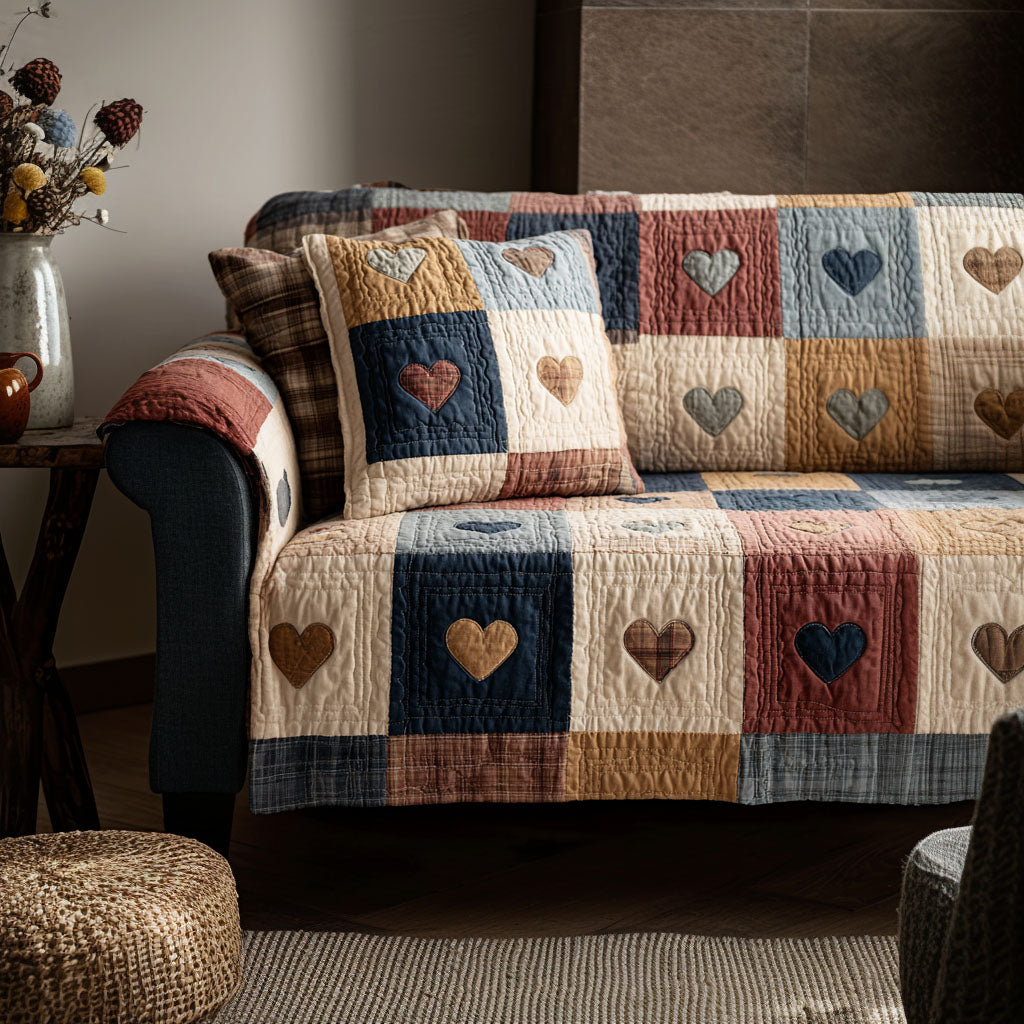 Navy Heart Patchwork quilted sofa cover – hearts in navy and cream squares