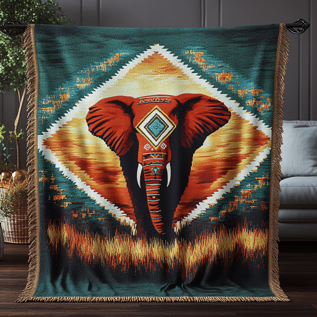 Elephant Sunset Diamond woven sofa throw – elephant in a sunset diamond