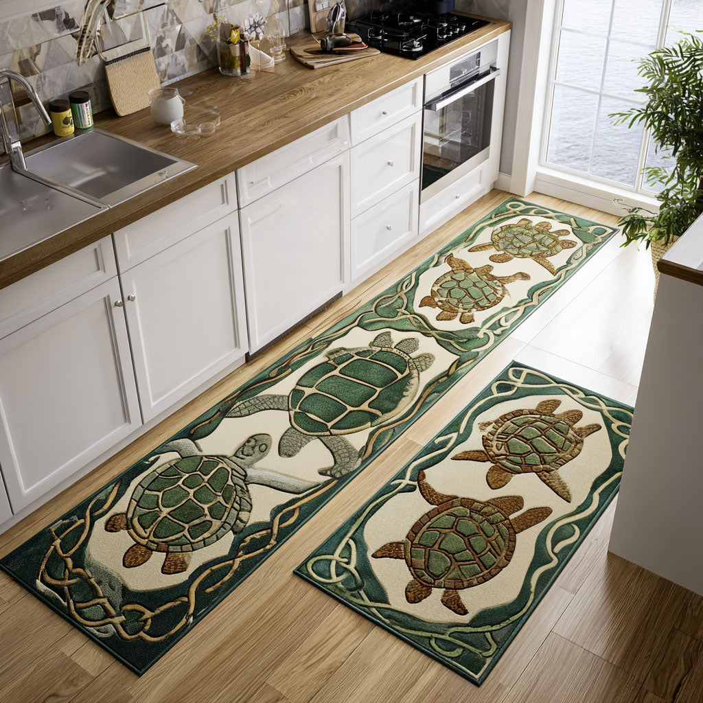 Celtic Turtle Trail kitchen mat set – turtles in Celtic border