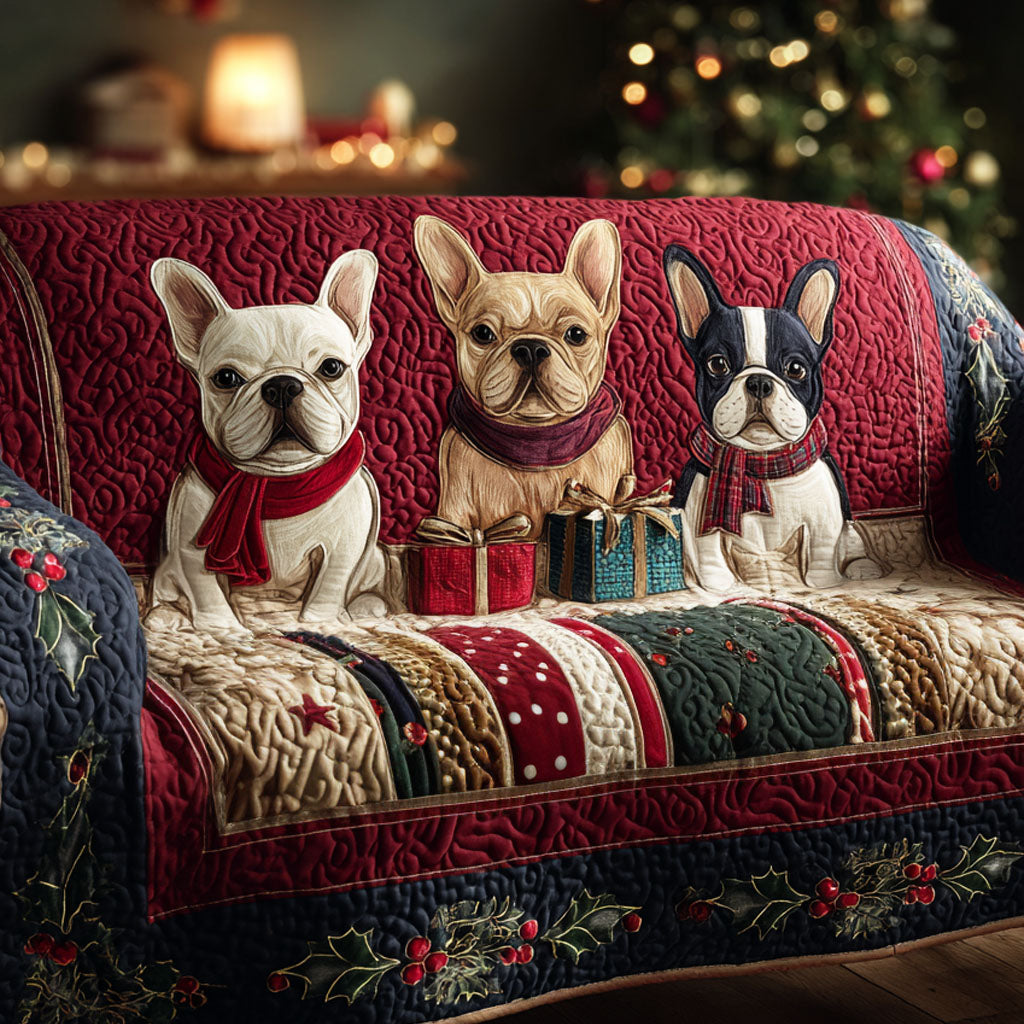 Christmas Frenchies on Red quilted sofa cover – french bulldogs with gifts on red