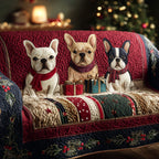 Christmas Frenchies on Red quilted sofa cover – french bulldogs with gifts on red