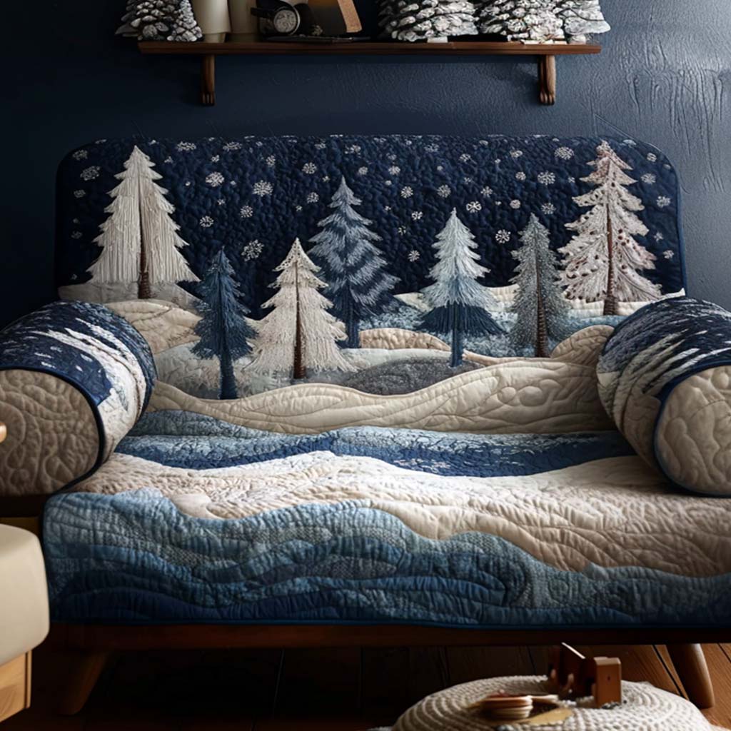 Silent Snowy Night quilted sofa cover – white pines under a starry sky