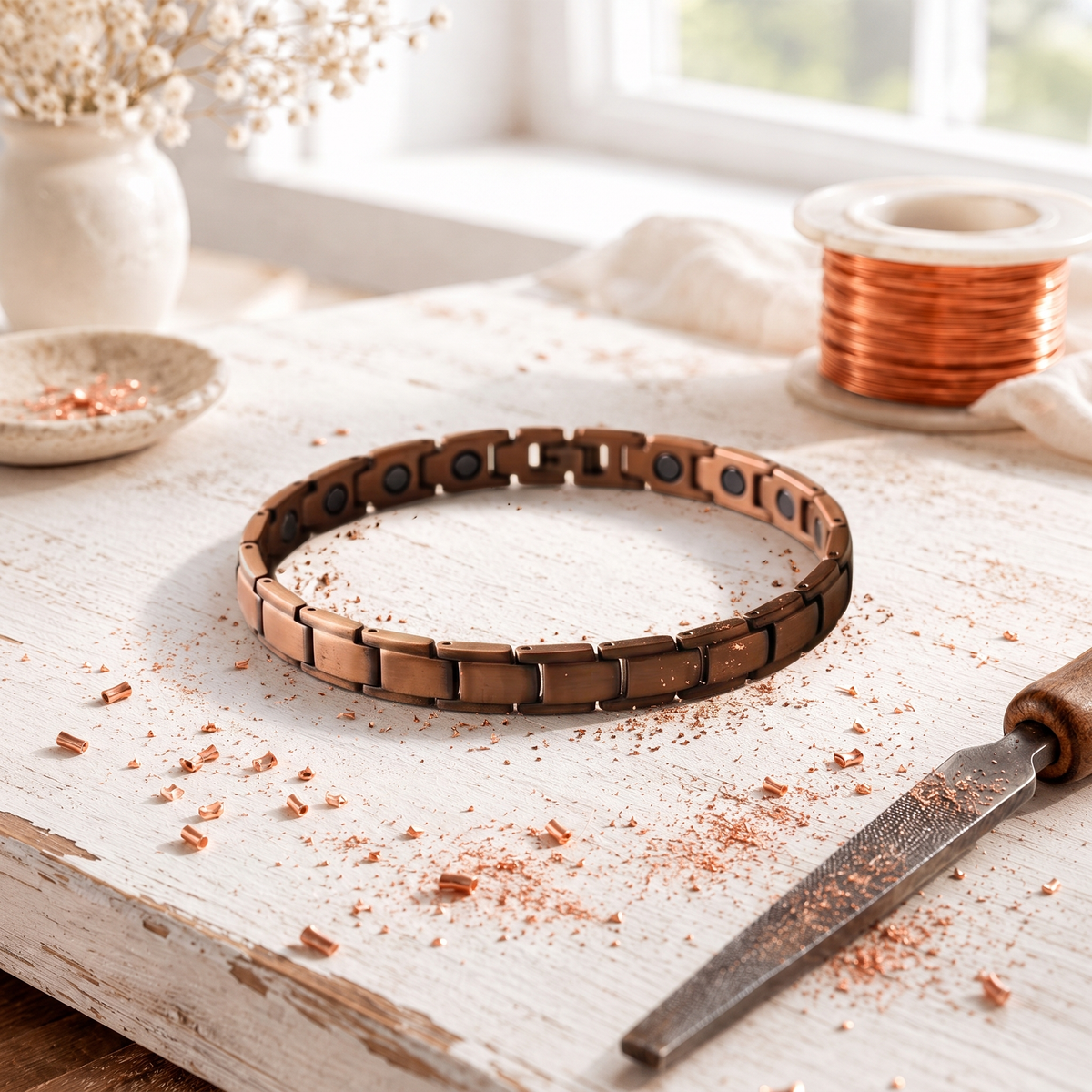 Magnetic copper anklet made of square copper links