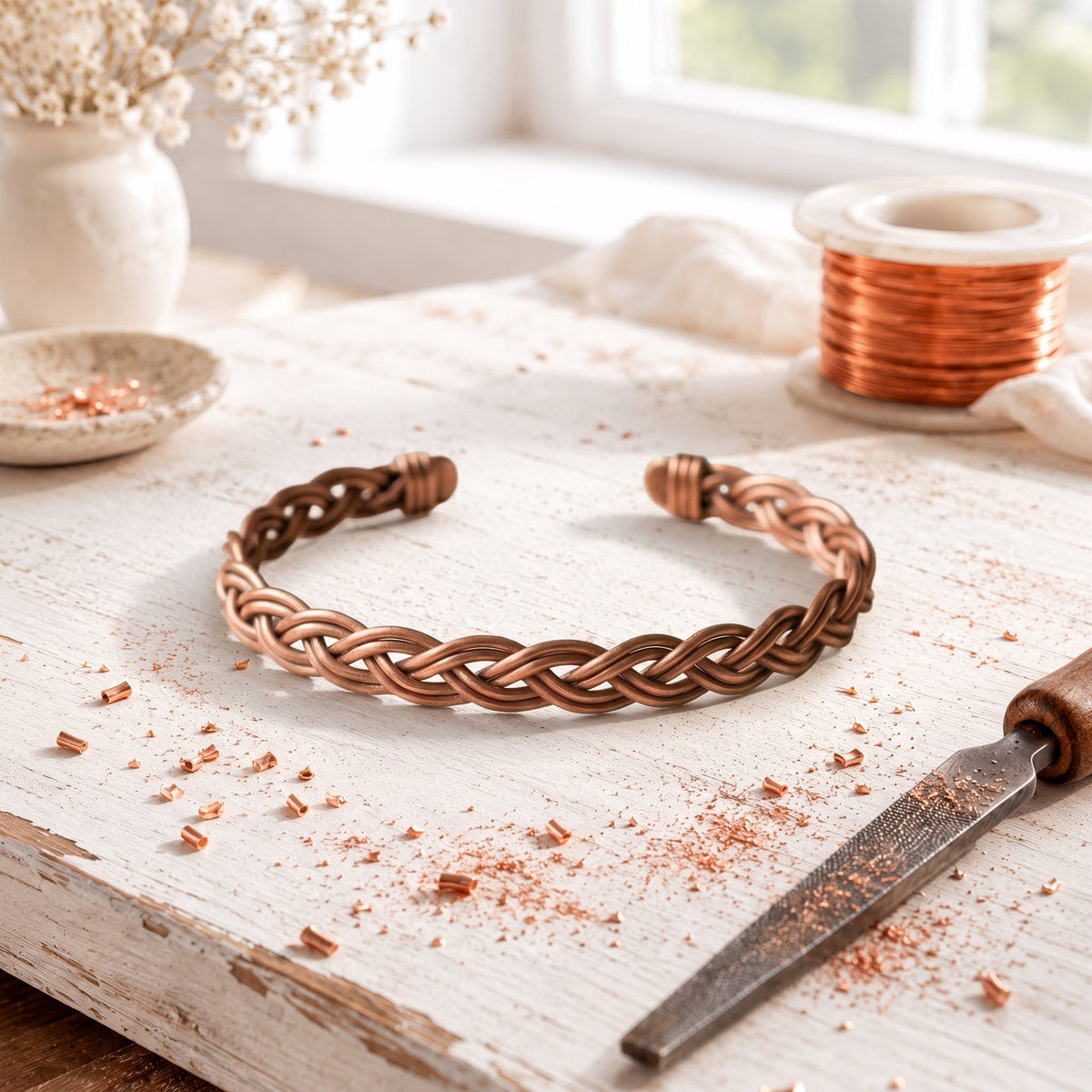 Plaited copper wire anklet with wrapped ends