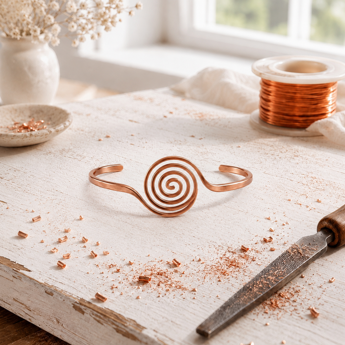 Slim copper wire anklet with a spiral at the front