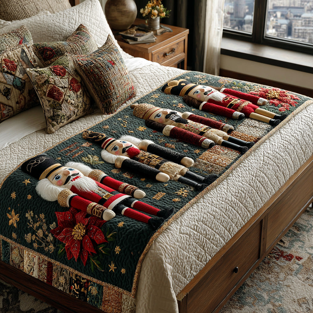 Toy Soldiers quilted bed runner – toy soldiers and poinsettias on green