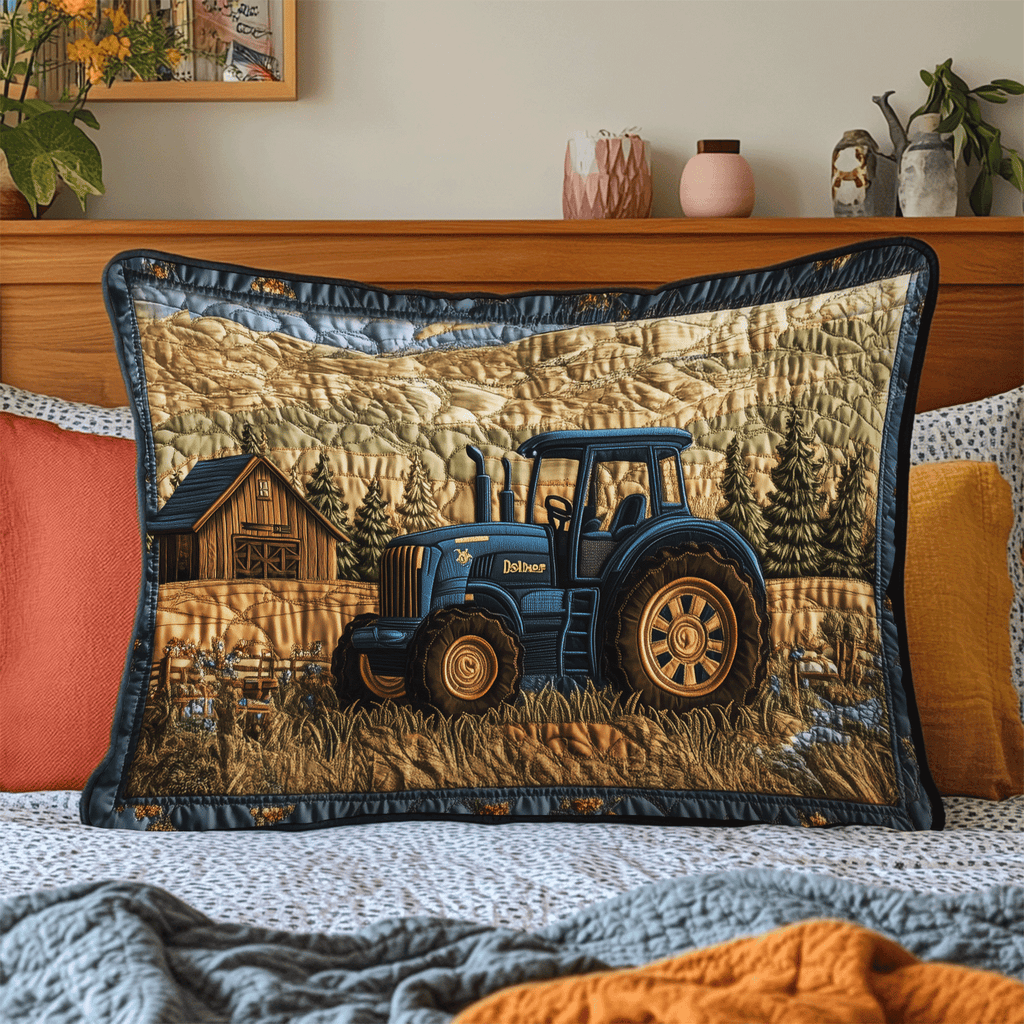 Blue Tractor quilted pillowcase – blue tractor before an old barn