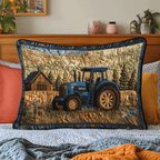 Blue Tractor quilted pillowcase – blue tractor before an old barn