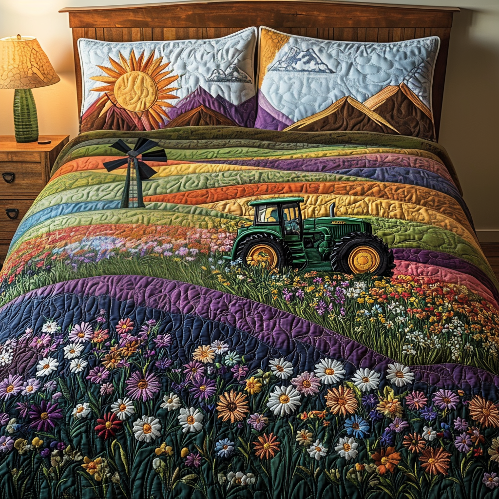 Tractor and Wildflowers quilted bedspread set – green tractor among wildflower fields