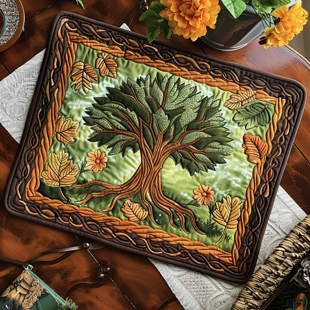 Tranquil Celtic Tree quilted placemats – green tree in brown frame