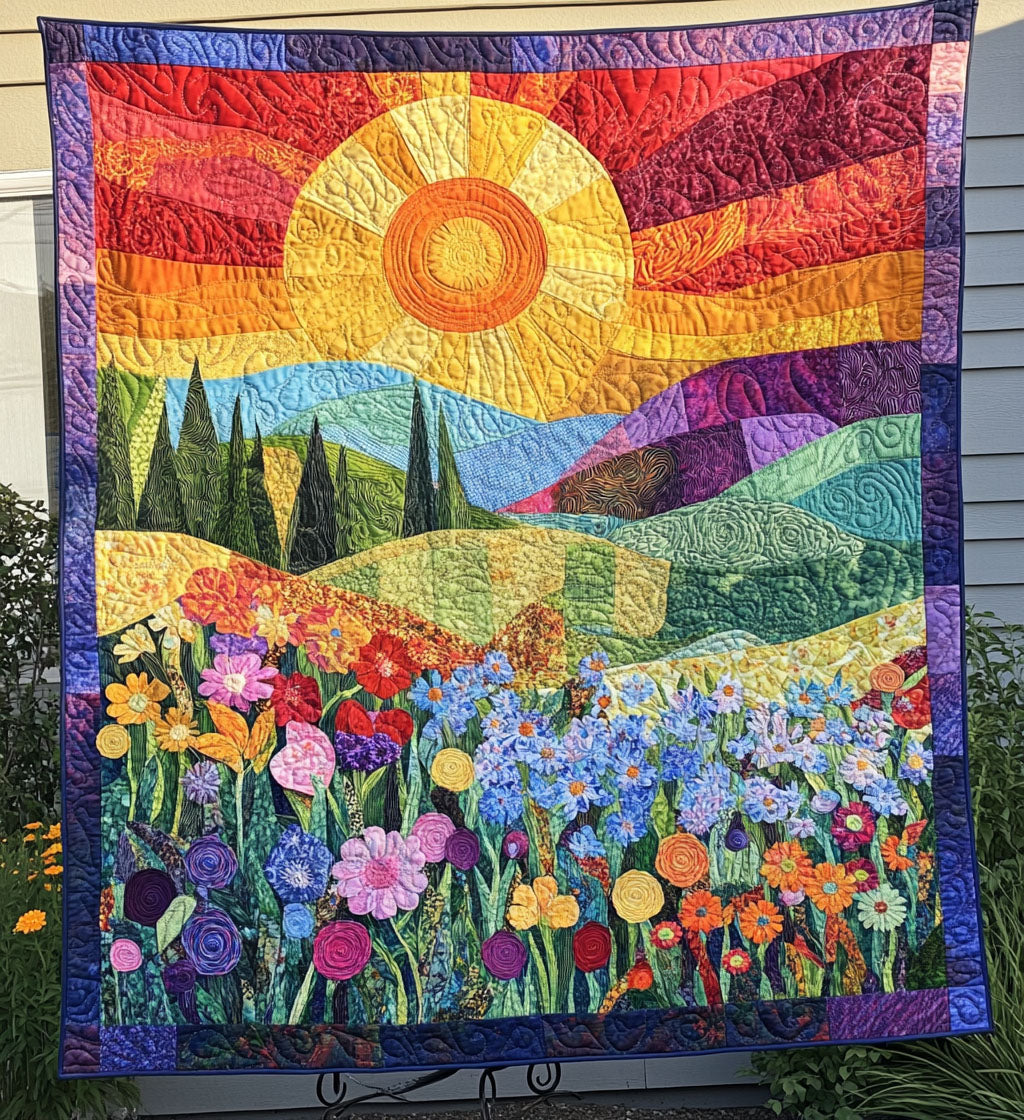 Flower Valley quilted throw – fields of flowers beneath a sunset sky