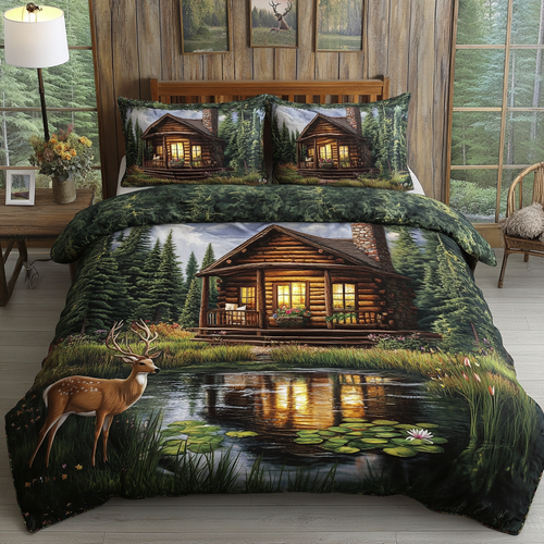 Cabin and Deer quilted bedspread set – glowing cabin by a pond with a deer