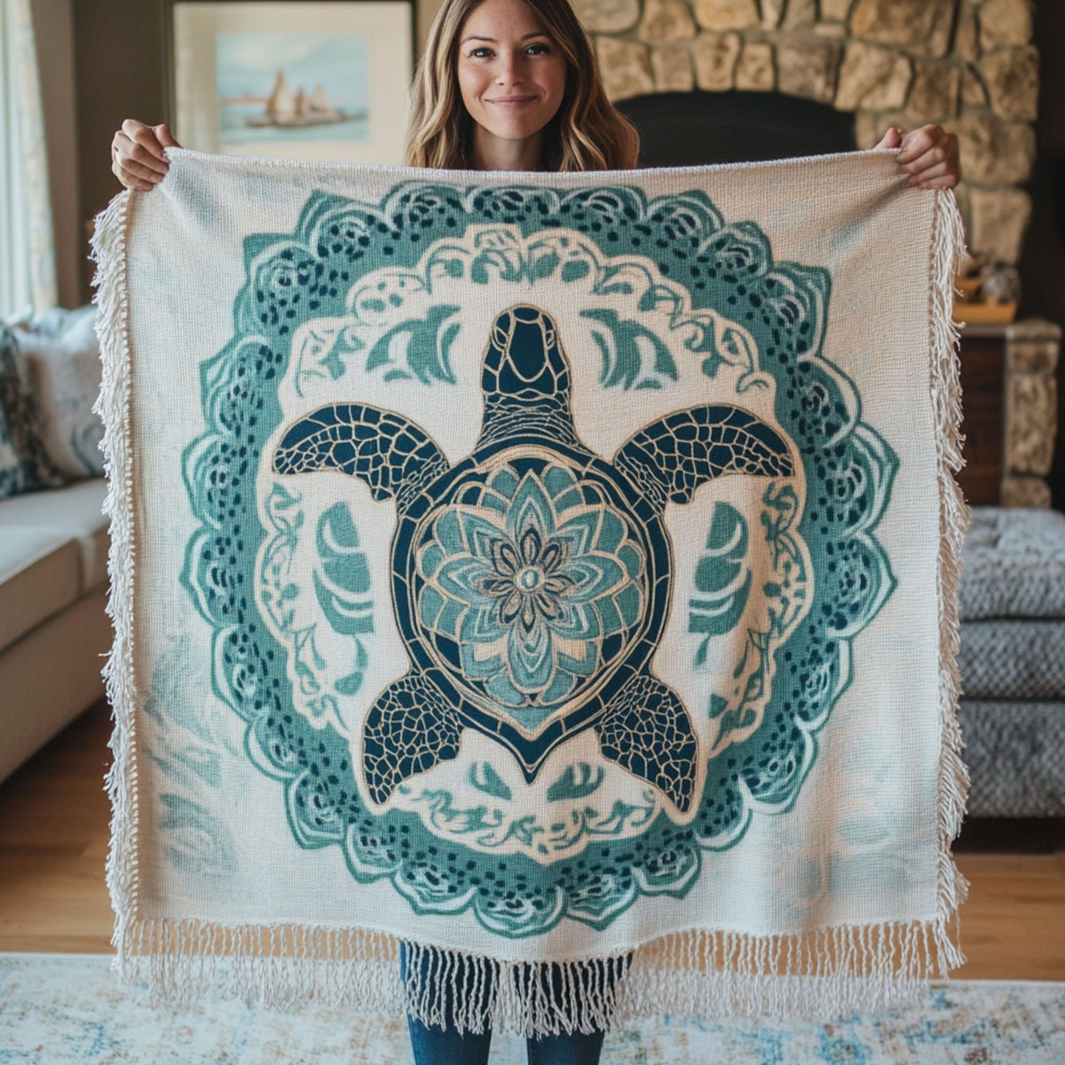 Mandala Turtle Circle woven sofa throw – turtle in a teal swirl circle