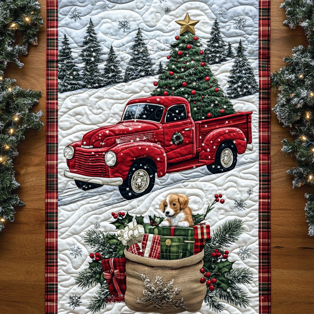 Christmas Tree Farm quilted table runner – red truck at a tree farm