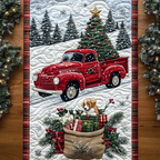 Christmas Tree Farm quilted table runner – red truck at a tree farm