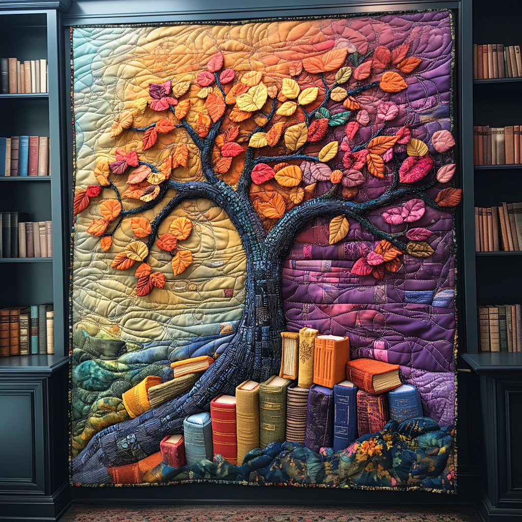 Tree of Books quilted throw – colourful tree growing above books