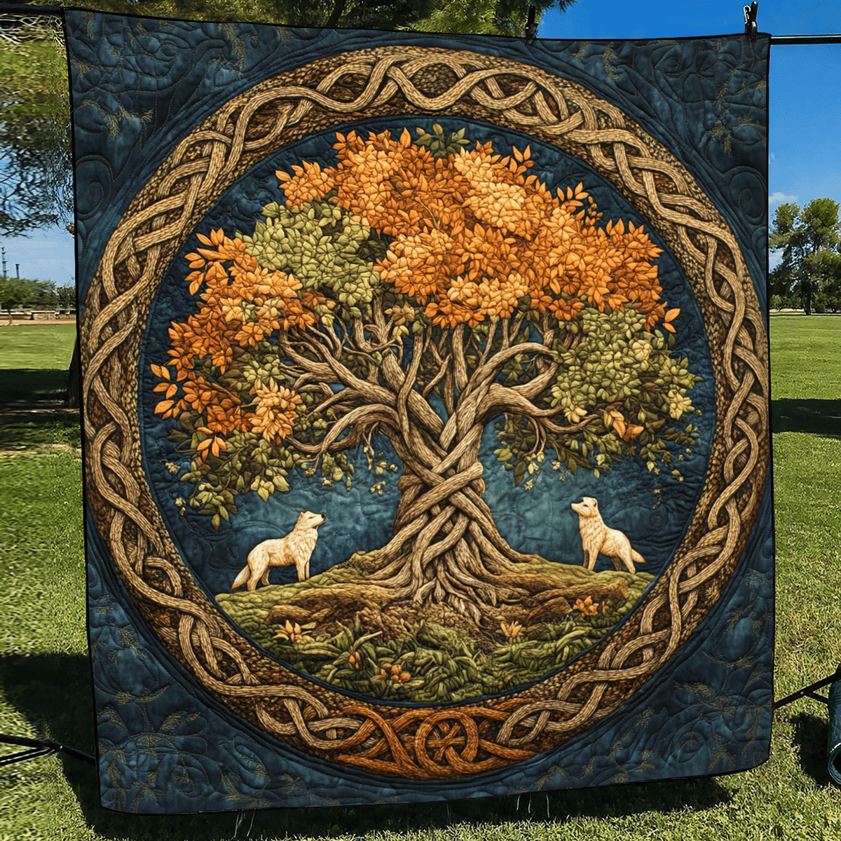 Celtic Tree and Dogs quilted throw – autumn tree of life with dogs in a Celtic circle