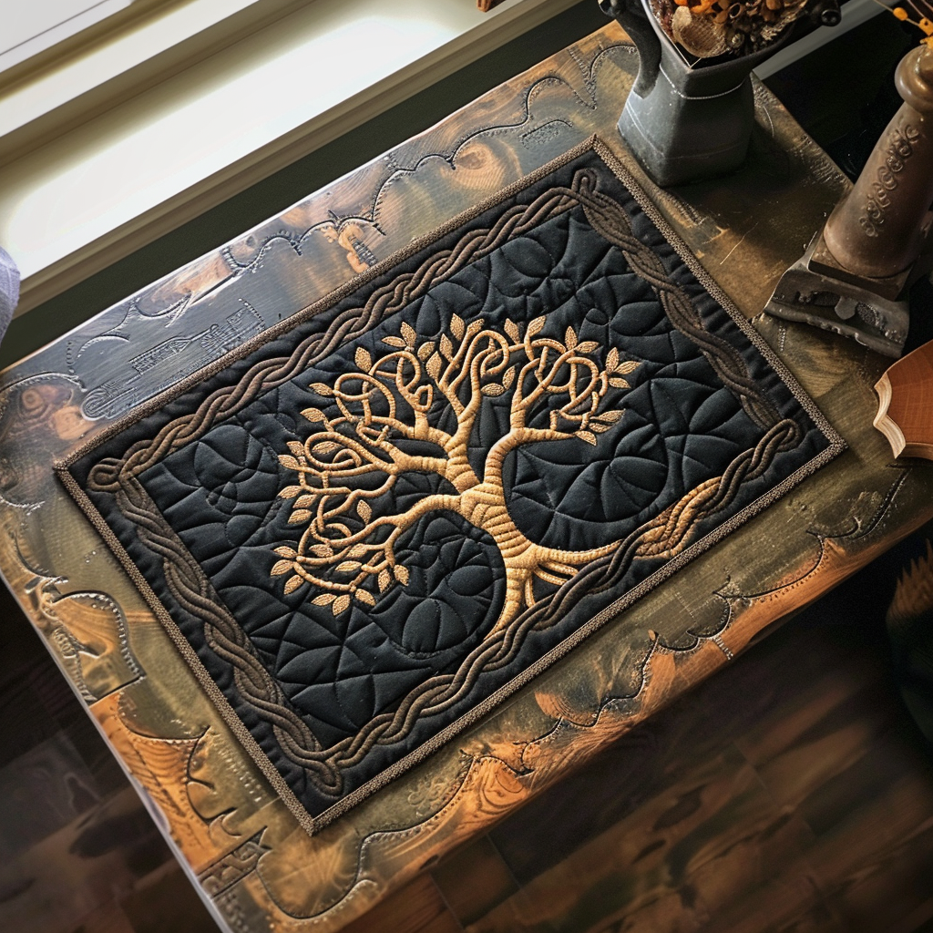 Gilded Tree of Life quilted placemats – gold tree on black