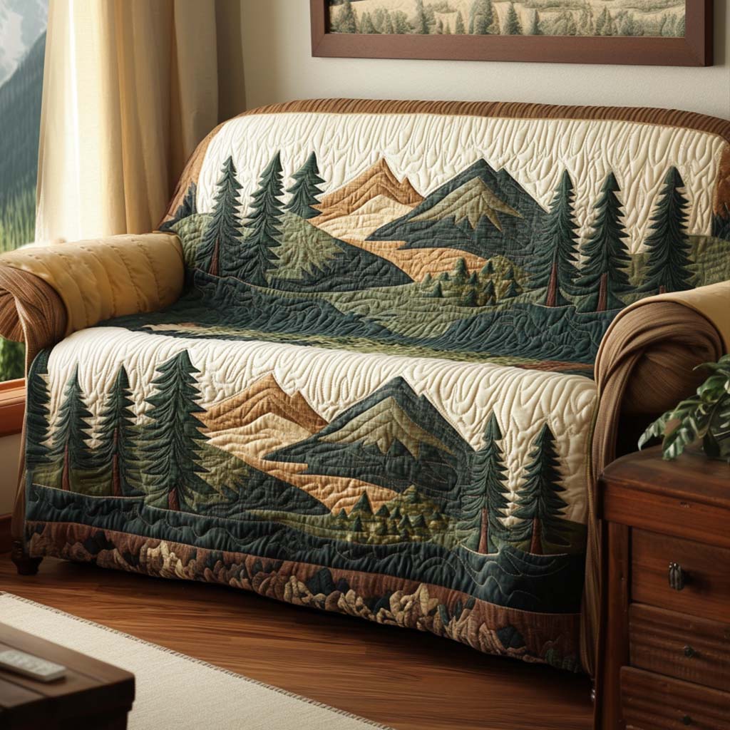 Mountain Pine Valley quilted sofa cover – pines and green mountains