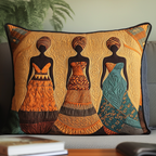 Three Graceful Sisters quilted pillowcase – three women in patterned gowns on gold