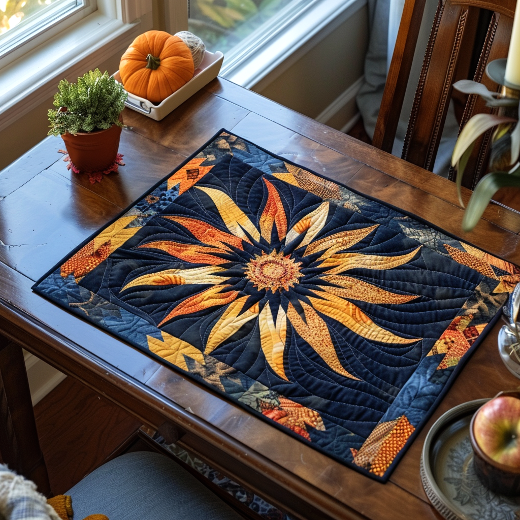 Navy Sunburst quilted placemats – golden sunburst on navy