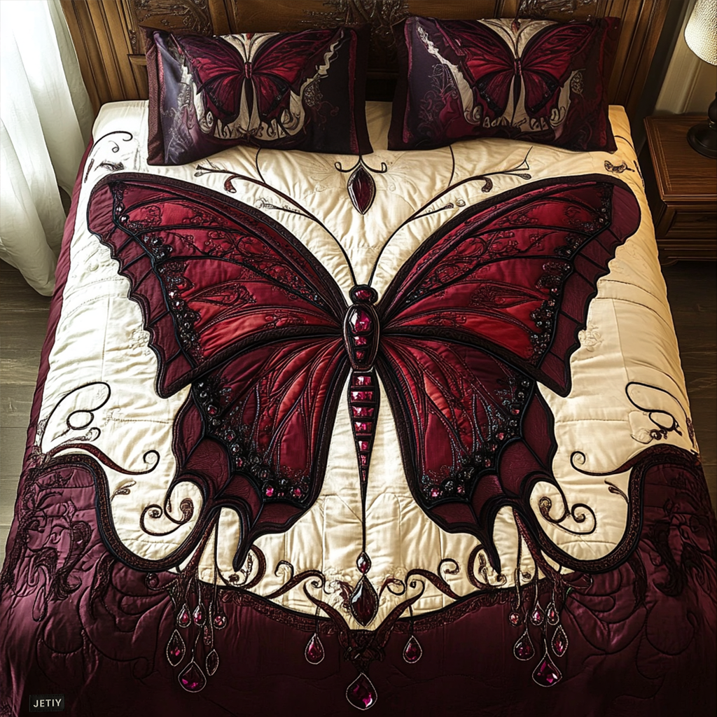 Burgundy Butterfly quilted bedspread set – burgundy butterfly on cream