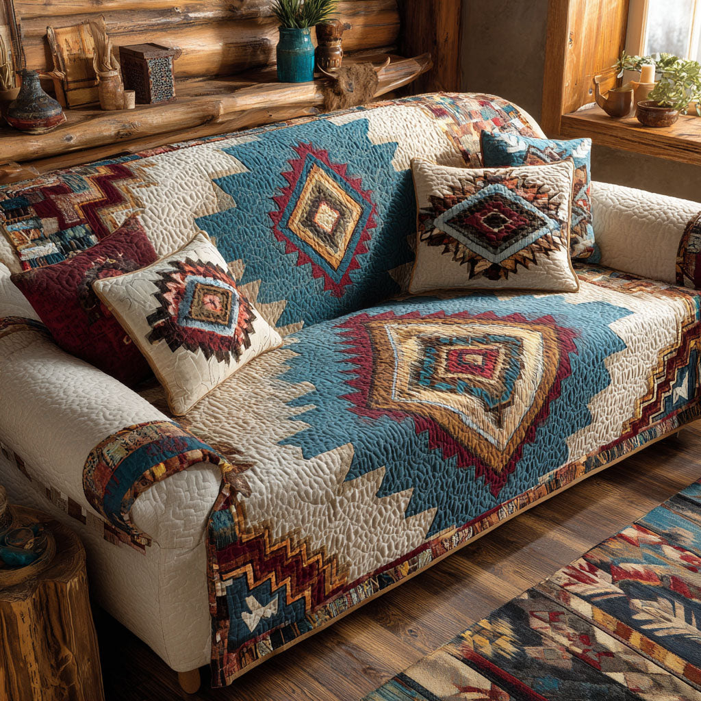 Tribal Horizon quilted sofa cover with a large concentric diamond in denim blue, burgundy, gold and cream on a cream ground